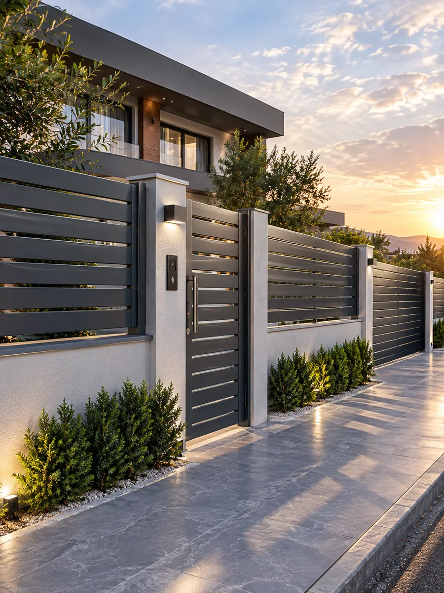 Villa girişinde antrasit yatay lamelli alüminyum bahçe çiti ve kapısı