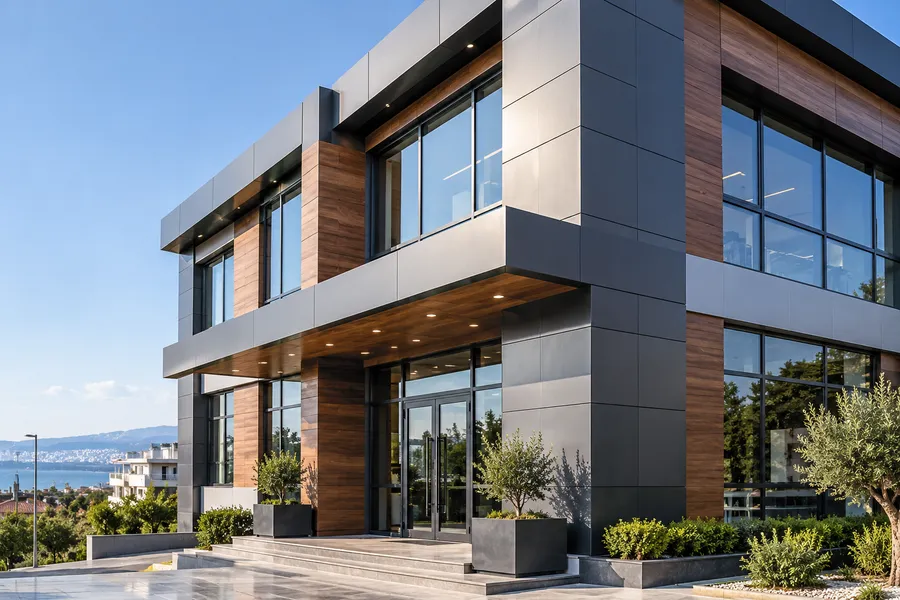 Antrasit kompozit panel ve ahşap görünümlü kaplamalı modern bina dış cephesi