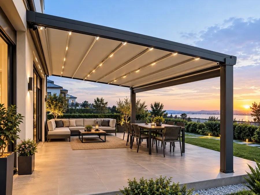 Gün batımında bahçe terasını örten ışıklı otomatik kumaş pergola