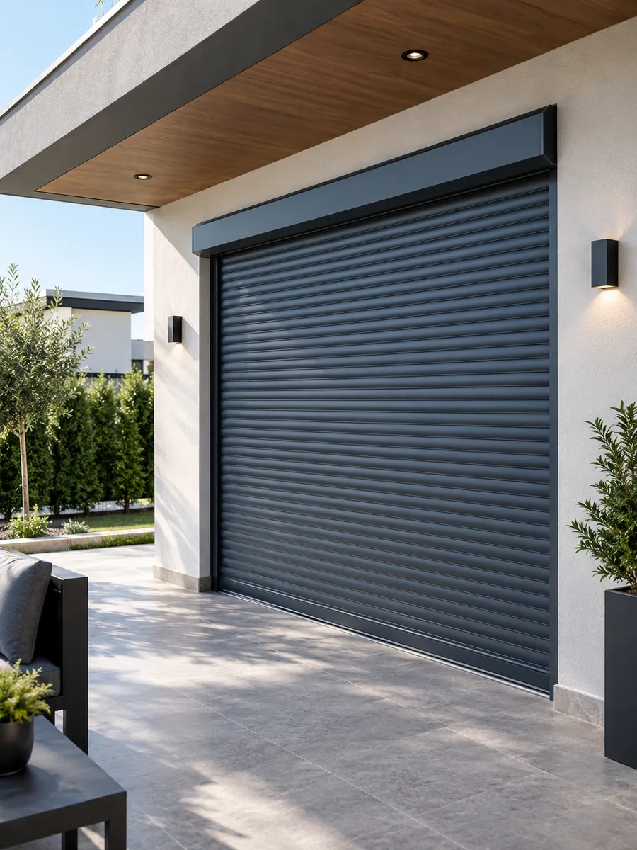 Konut garaj girişinde antrasit renkli motorlu alüminyum rolling shutter panjur
