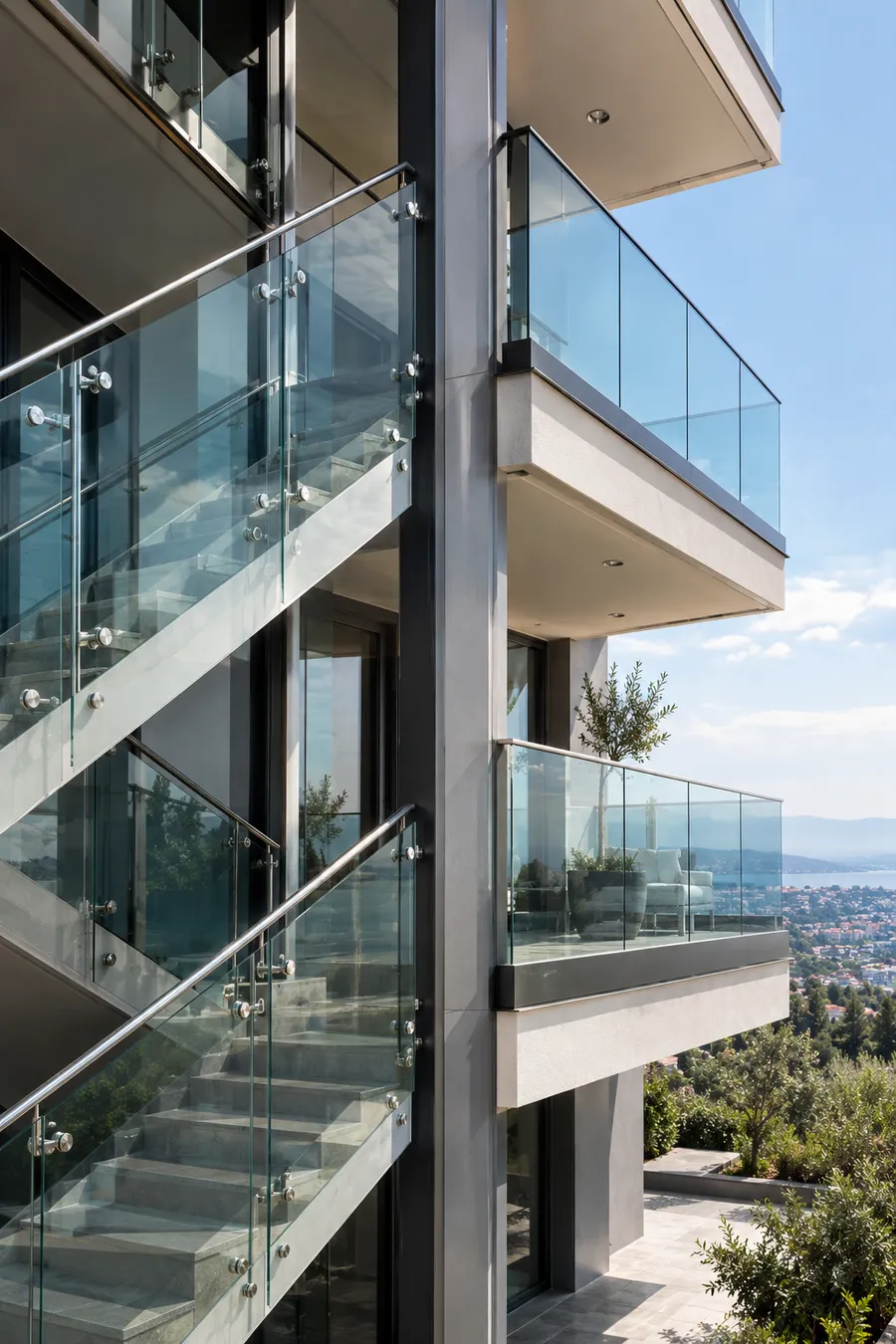 Modern konutta cam korkuluklu spider merdiven ve cam balkon korkulukları